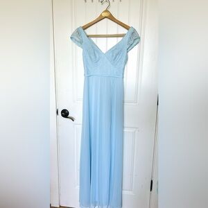 Azazie Light Blue V Neck Bridesmaid dress Evening gown, criss cross back